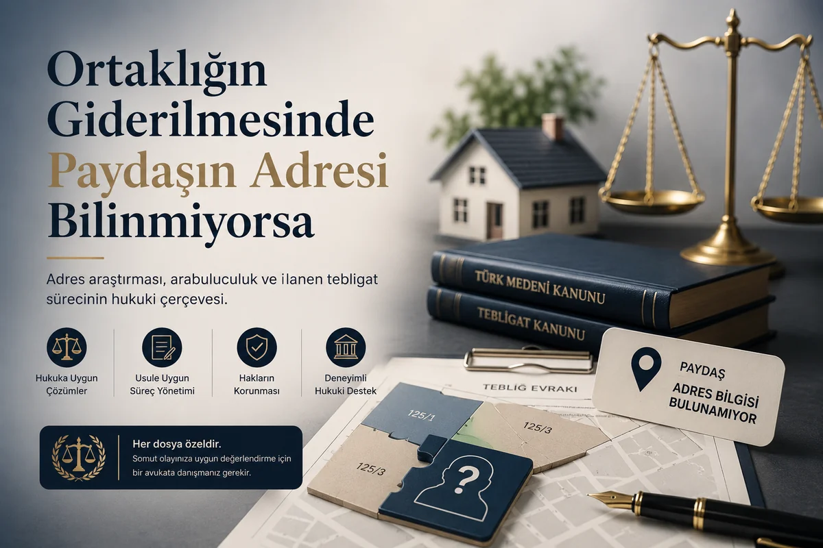 Ortaklığın giderilmesinde adresi bilinmeyen paydaş ve tebligat sürecini anlatan hukuki görsel