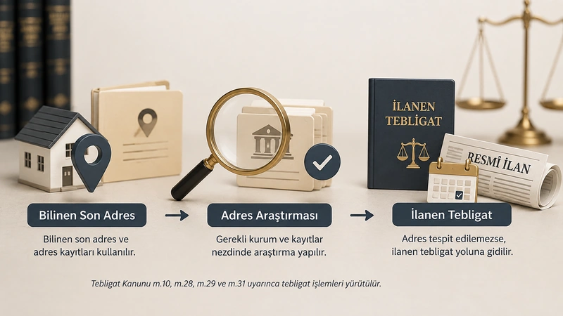 Bilinen son adres, adres araştırması ve ilanen tebligat aşamalarını gösteren görsel