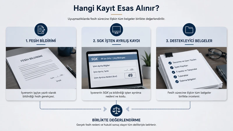 Fesih bildirimi, SGK işten ayrılış kaydı ve destekleyici belgelerin birlikte değerlendirilmesini gösteren görsel.