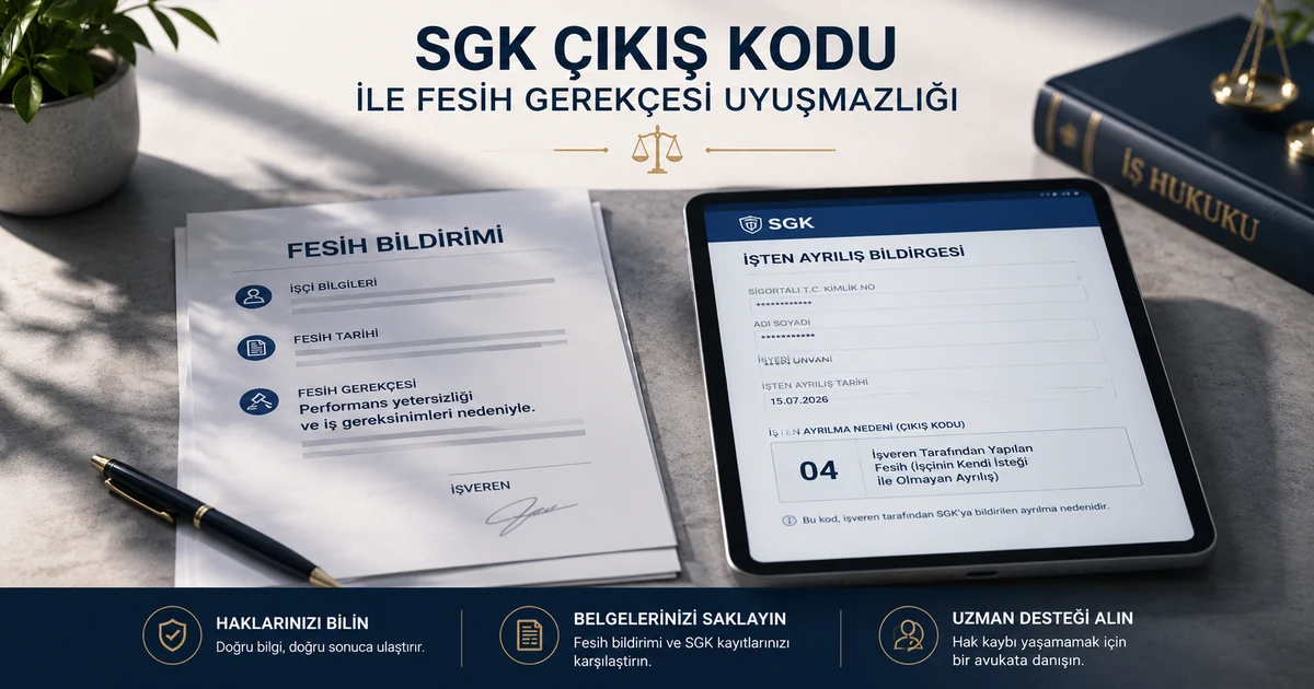 SGK çıkış kodu ile işverenin fesih gerekçesi arasındaki uyumsuzluğu gösteren fesih bildirimi ve işten ayrılış kaydı.