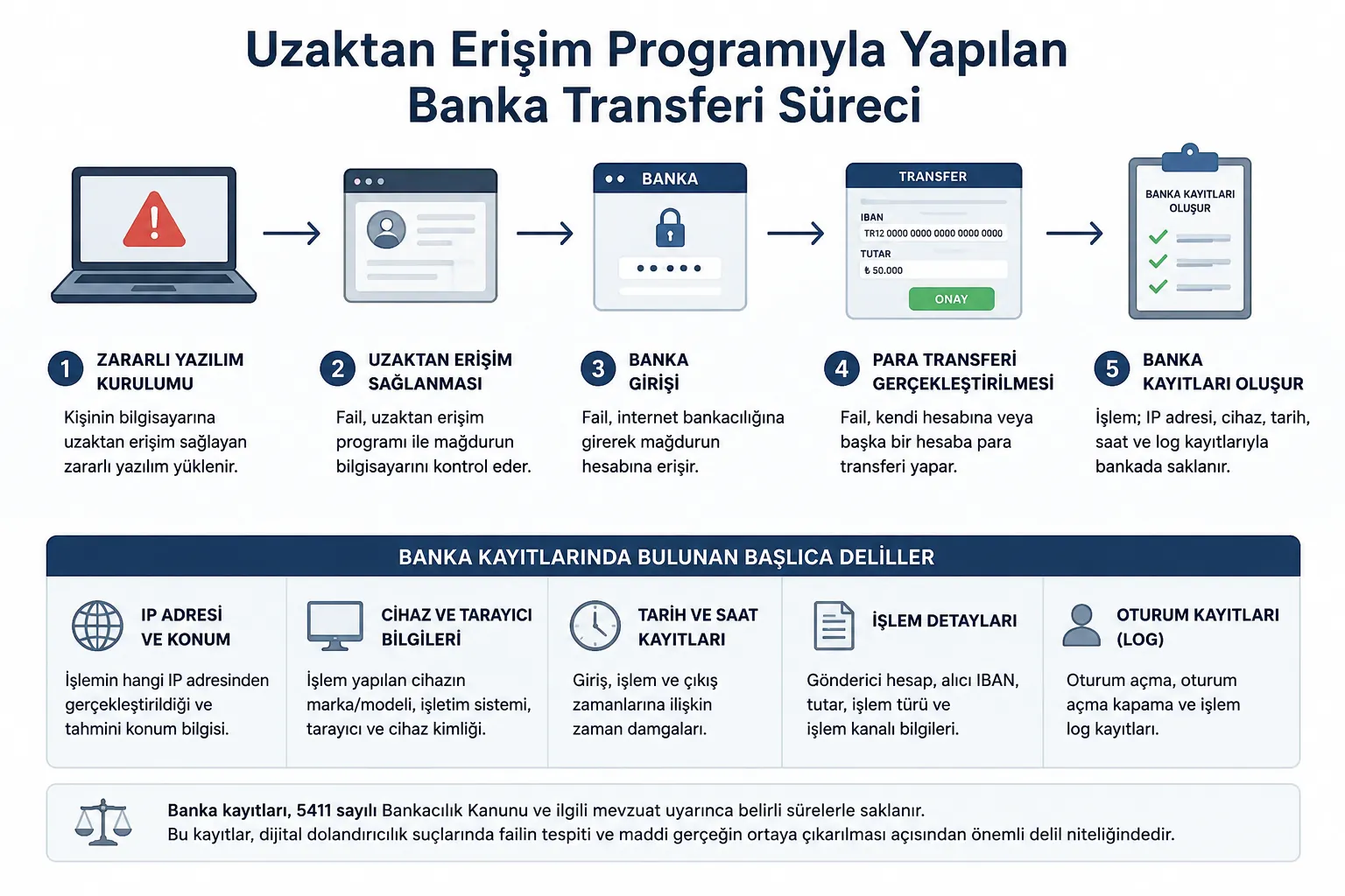 Uzaktan erişim programıyla banka transferinde cihaz, oturum, transfer ve banka kayıtları süreci