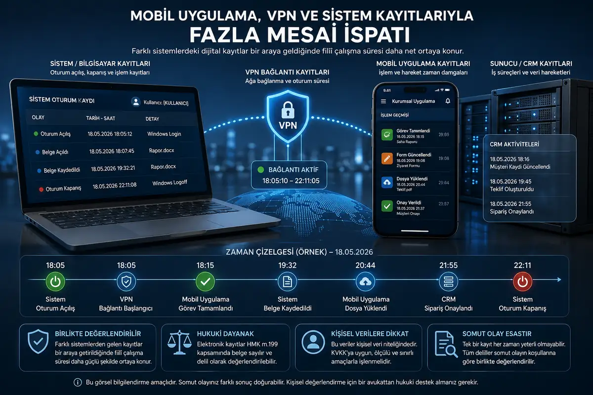 VPN ve sistem giriş kayıtlarının fazla mesai ispatında dijital delil olarak değerlendirilmesini anlatan görsel