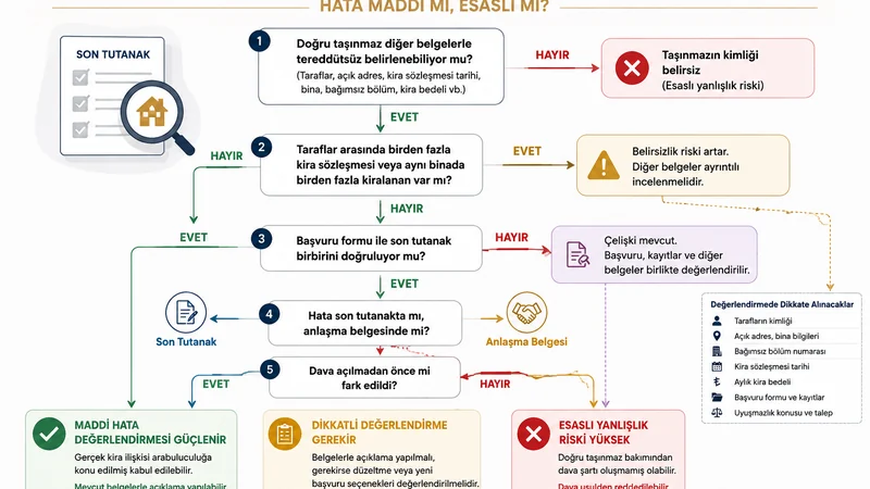 Arabuluculuk tutanağındaki yanlış taşınmaz bilgisinin maddi hata veya esaslı yanlışlık olup olmadığını gösteren karar ağacı