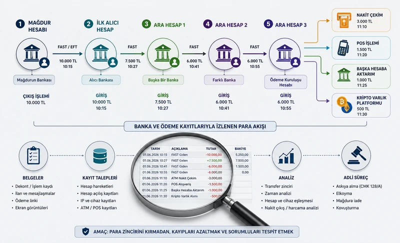 Dolandırıcılık soruşturmasında ilk alıcı hesaptan sonraki transferlerin banka kayıtlarıyla izlenmesi.