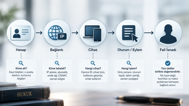 Hesap sahipliği, IP bağlantısı, cihaz ve oturum kayıtlarından fail isnadına giden delil zinciri.