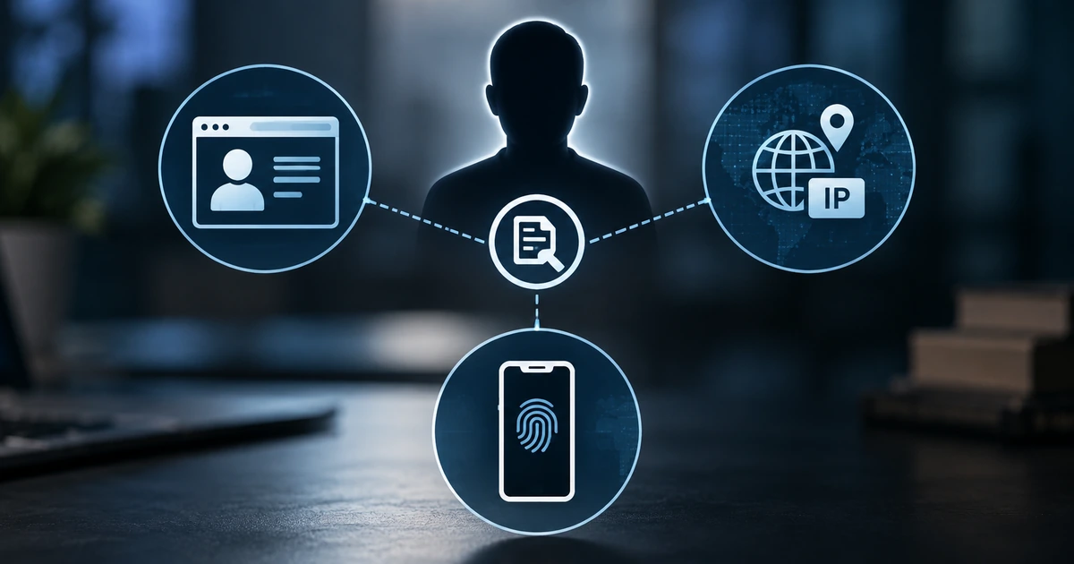Platform hesabı, IP adresi ve cihaz kimliğinin ayrı dijital delil kaynakları olarak gösterimi.