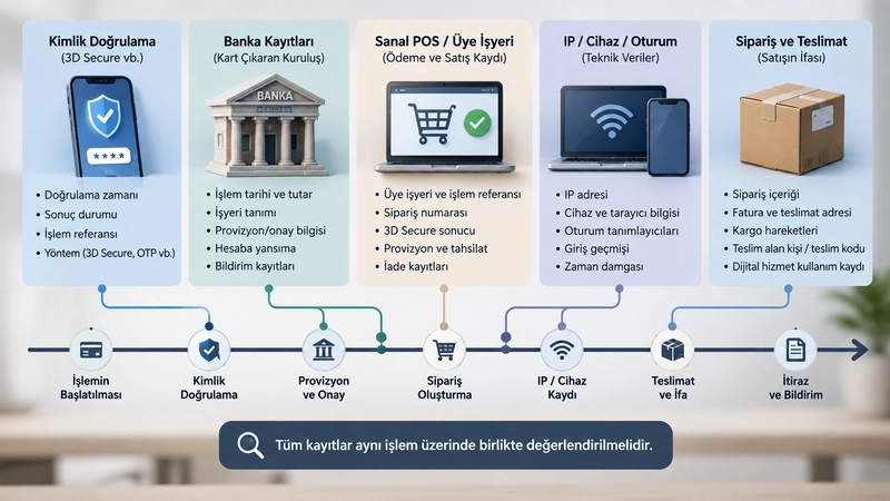 Sanal POS uyuşmazlığında kimlik doğrulama, sanal POS, cihaz, sipariş ve teslimat kayıtlarının delil matrisi.