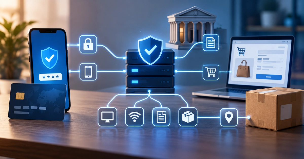 Sanal POS işleminde 3D Secure, banka, cihaz ve teslimat kayıtlarının birlikte karşılaştırılmasını gösteren görsel.