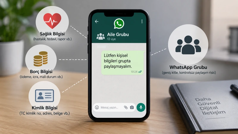 WhatsApp grubunda sağlık, borç ve kimlik bilgilerinin paylaşılmasını temsil eden kişisel veri görseli