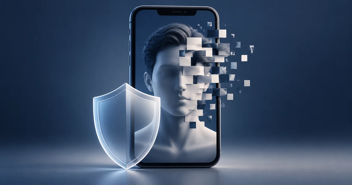 Sentetik yüz görüntüsü ve dijital mahremiyetin korunmasını temsil eden telefon ekranı.