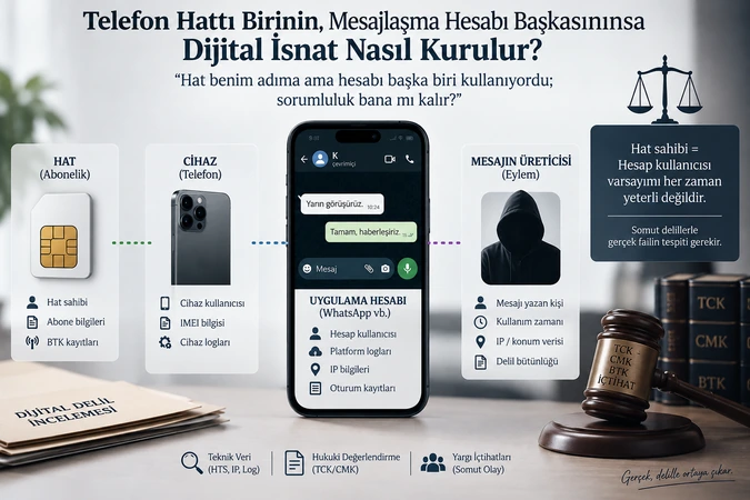 Hat aboneliği, cihaz, mesajlaşma hesabı ve mesaj eyleminin ayrı delil katmanları olarak gösterildiği şema